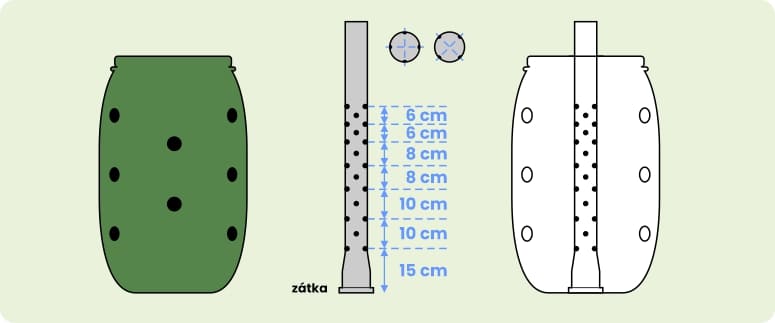 nákres otvorů v závlahové trubce jahodovníku